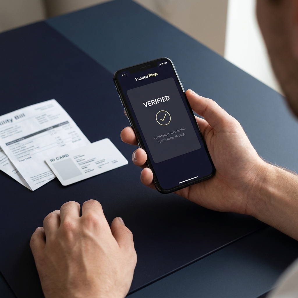 User holding phone showing verification screen with ID card and utility bill on table beside it in a clean Funded Plays style 1st bet app download