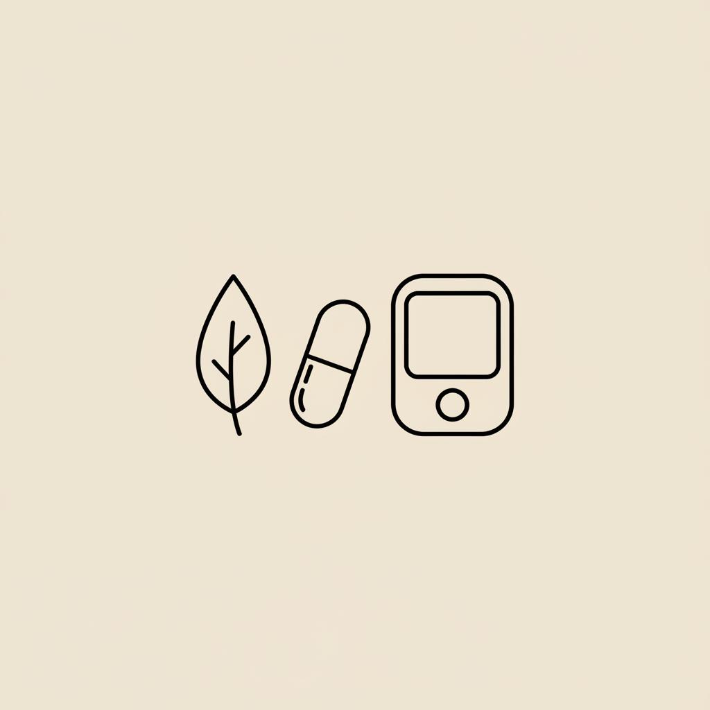 Minimalist Tonum-style line illustration of a leaf, capsule and glucose meter on beige background — what mineral controls diabetes