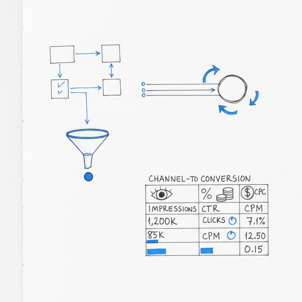 Close-up strategist notebook page showing hand-drawn ad metrics and a mini table comparing CPM vs CPC, impressions, clicks and CTR in Agency Visible colors.