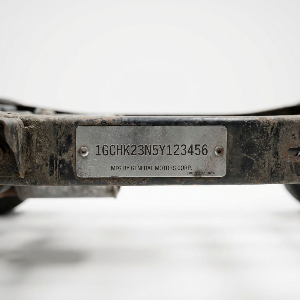 Close up of a VIN plate on a truck frame photographed for a vehicle history report showing stamped VIN numbers used in ford mavericks for sale listings