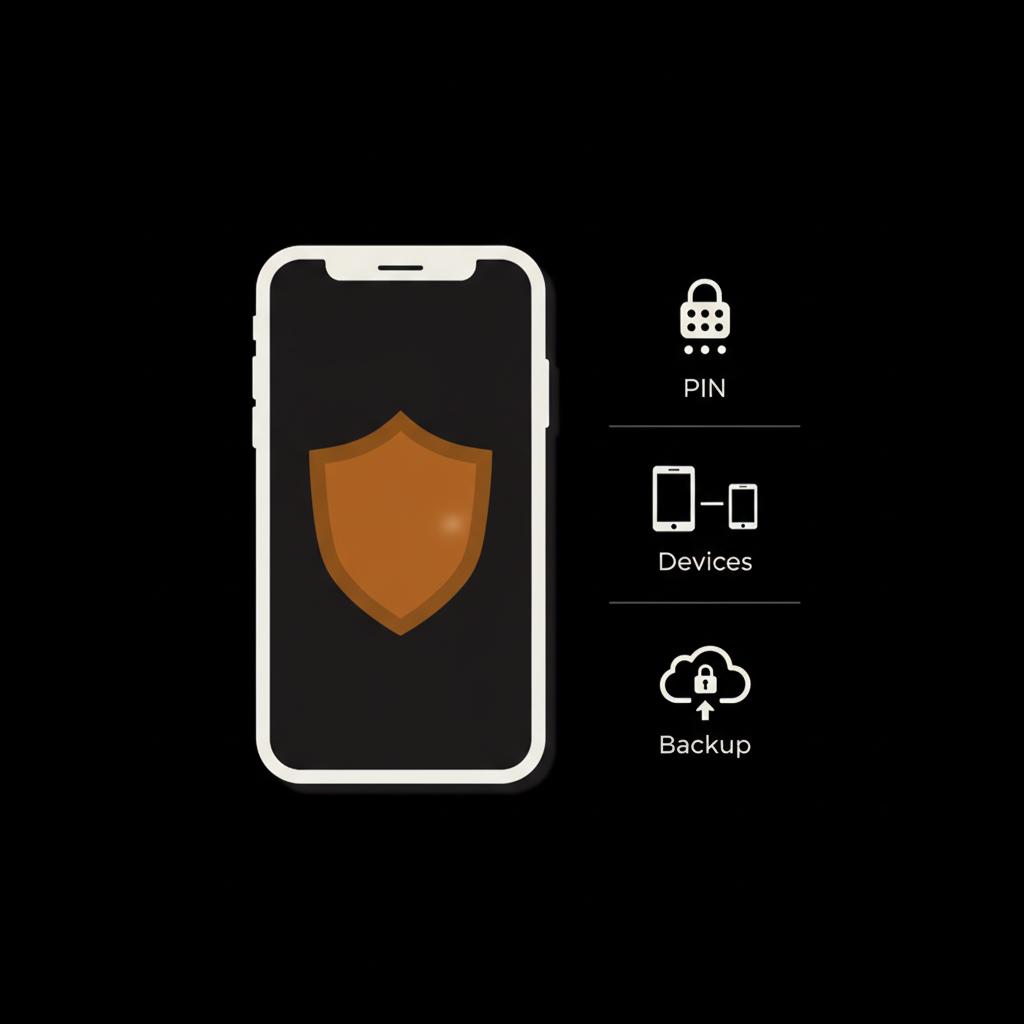 Minimal infographic smartphone with shield overlay and vector icons for PIN, linked devices and encrypted backup illustrating secure WhatsApp Business account.