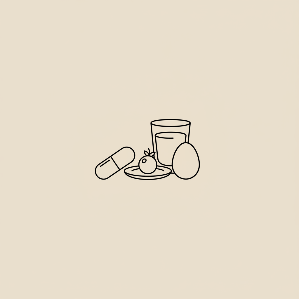 Minimalist Tonum-style line illustration of a capsule, plate with berry and egg, and water glass on beige background representing phentermine and healthy habits.