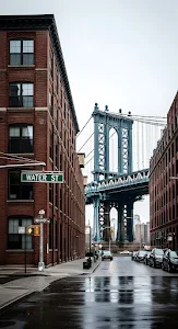 Manhattan Bridge View from DUMBO Water Street on Rainy Day