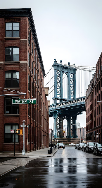 Manhattan Bridge View from DUMBO Water Street on Rainy Day - Free mobile Wallpaper