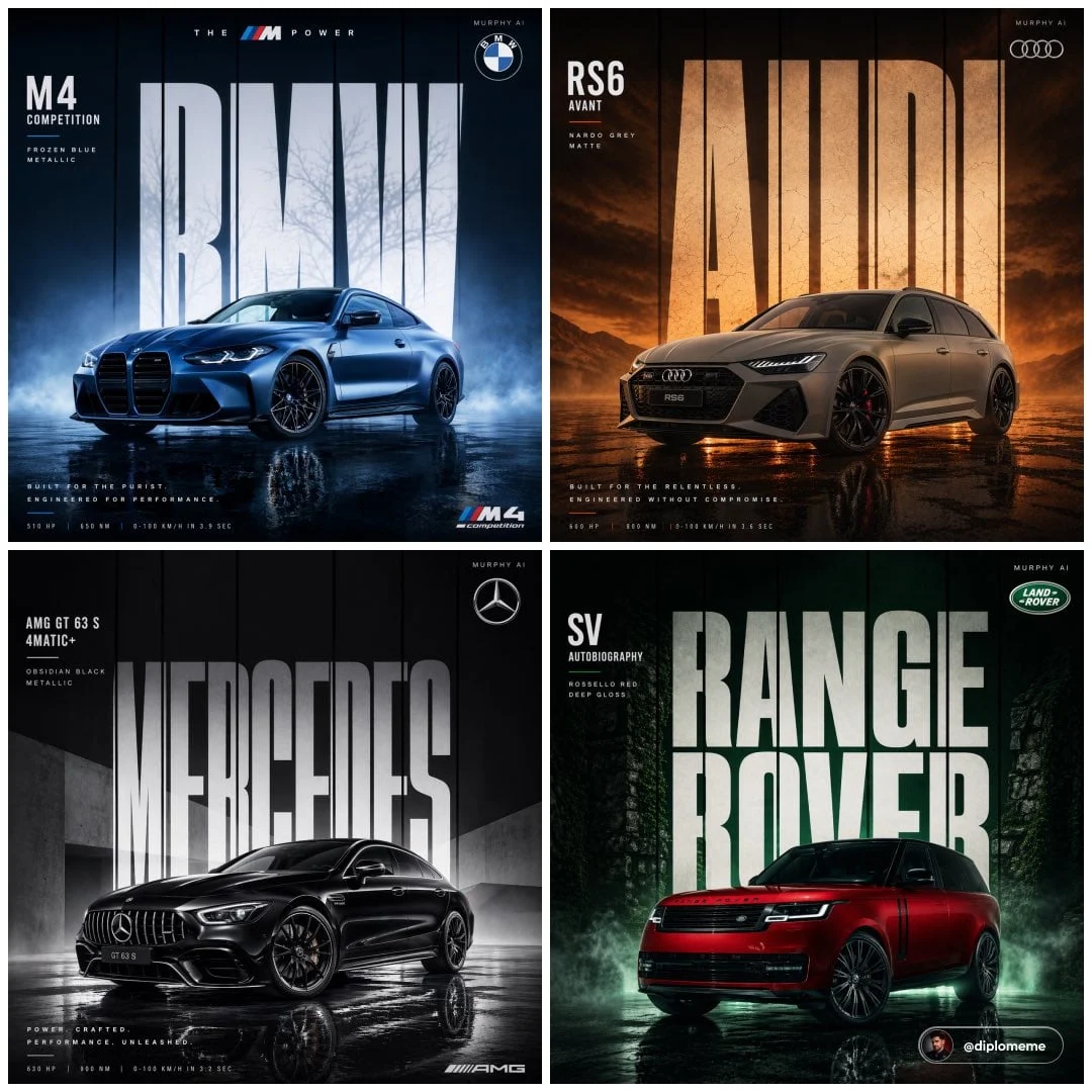 Cartel publicitario cinematográfico de automóviles, [MODELO DE COCHE + VARIANTE] en [COLOR DE PINTURA + ACABADO], estacionado en el centro del marco,...