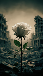 Solitary White Rose in Desolate City Ruins