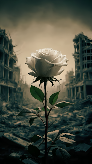 Solitary White Rose in Desolate City Ruins - Free mobile Wallpaper
