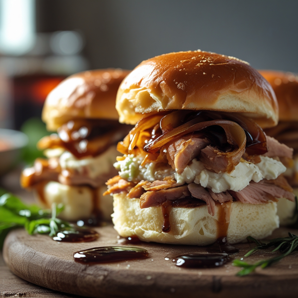 Final Caramelized Onion & Whipped Ricotta Turkey Protein Sliders with Balsamic Glaze