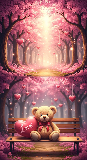 Cute Bear on a Bench in a Pink Cherry Blossom Forest - Free mobile Wallpaper