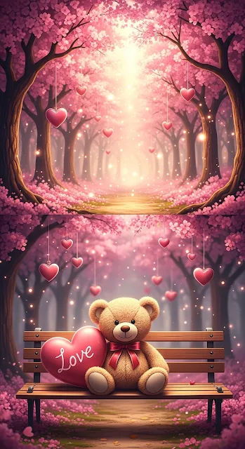 Cute Bear on a Bench in a Pink Cherry Blossom Forest