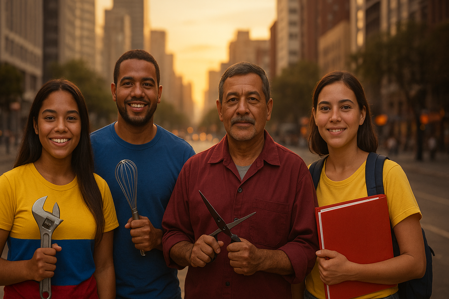 Venezolanos en el exterior mostrando herramientas de oficio y documentos, juntos en una ciudad multicultural al atardecer