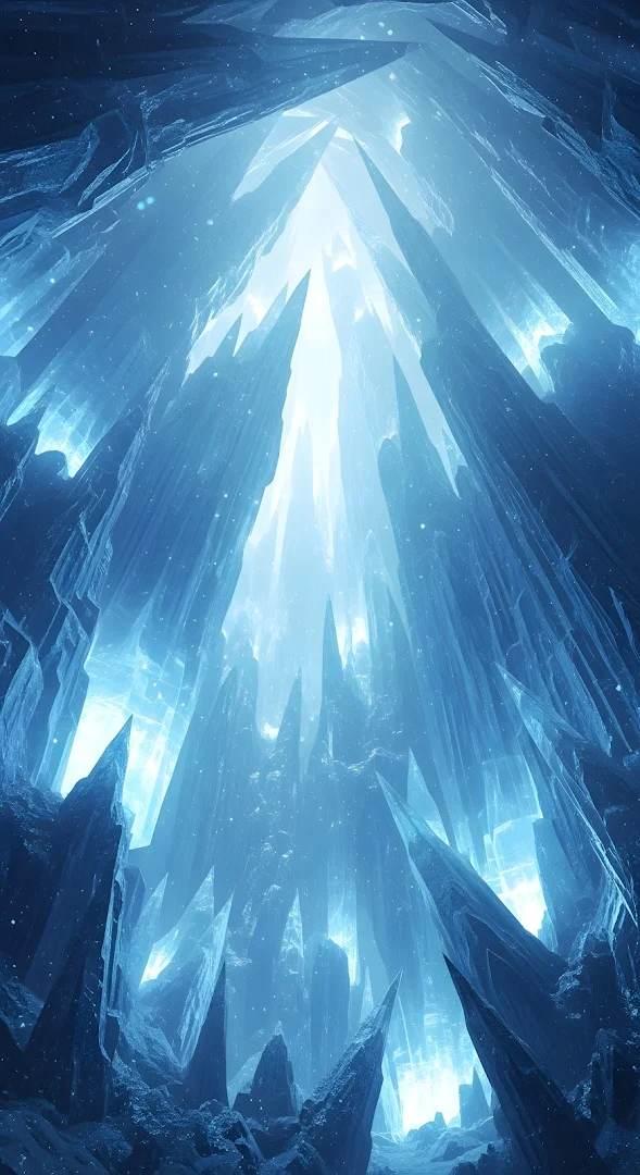 Ethereal Ice Cave Interior with Towering Blue Crystals