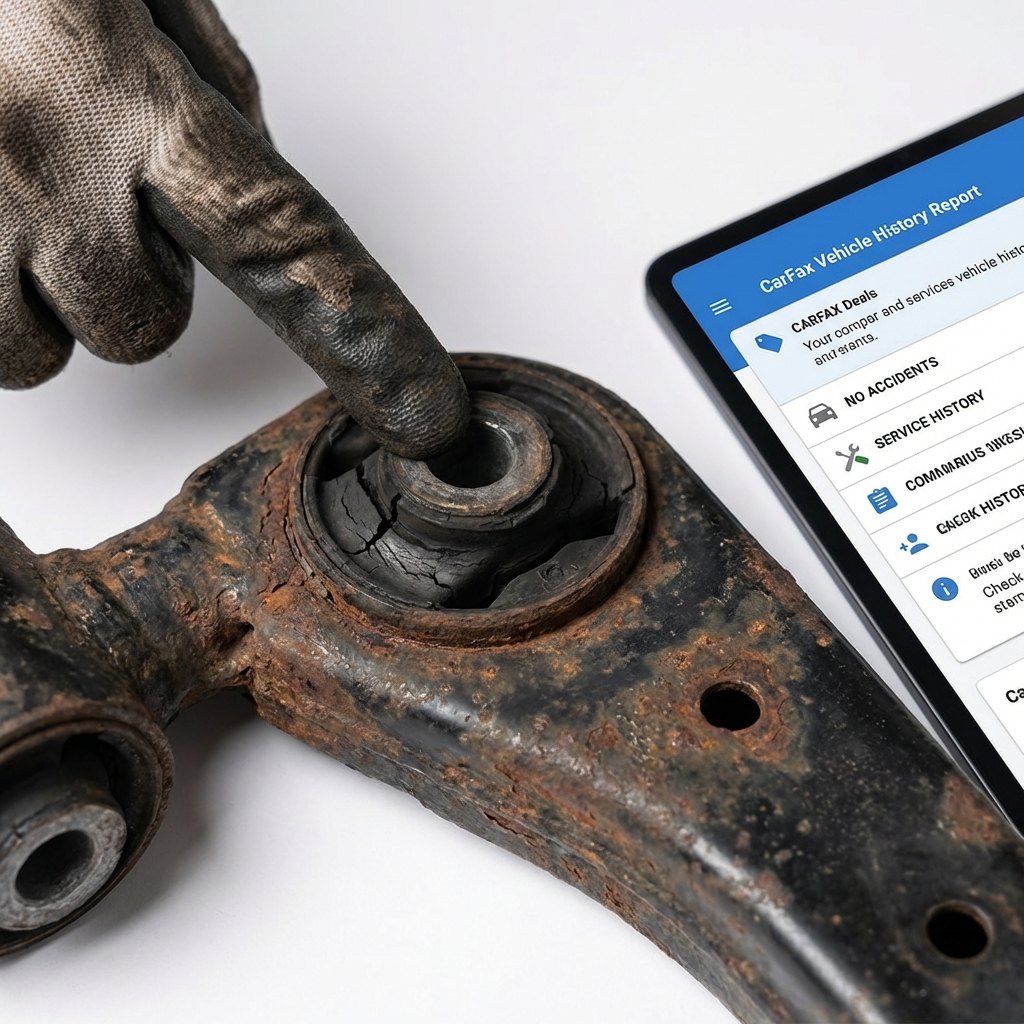 Close up of worn suspension bushings and a mechanic pointing to them with a tablet displaying a vehicle history report ford f150 raptor for sale CarFax Deals style on white background