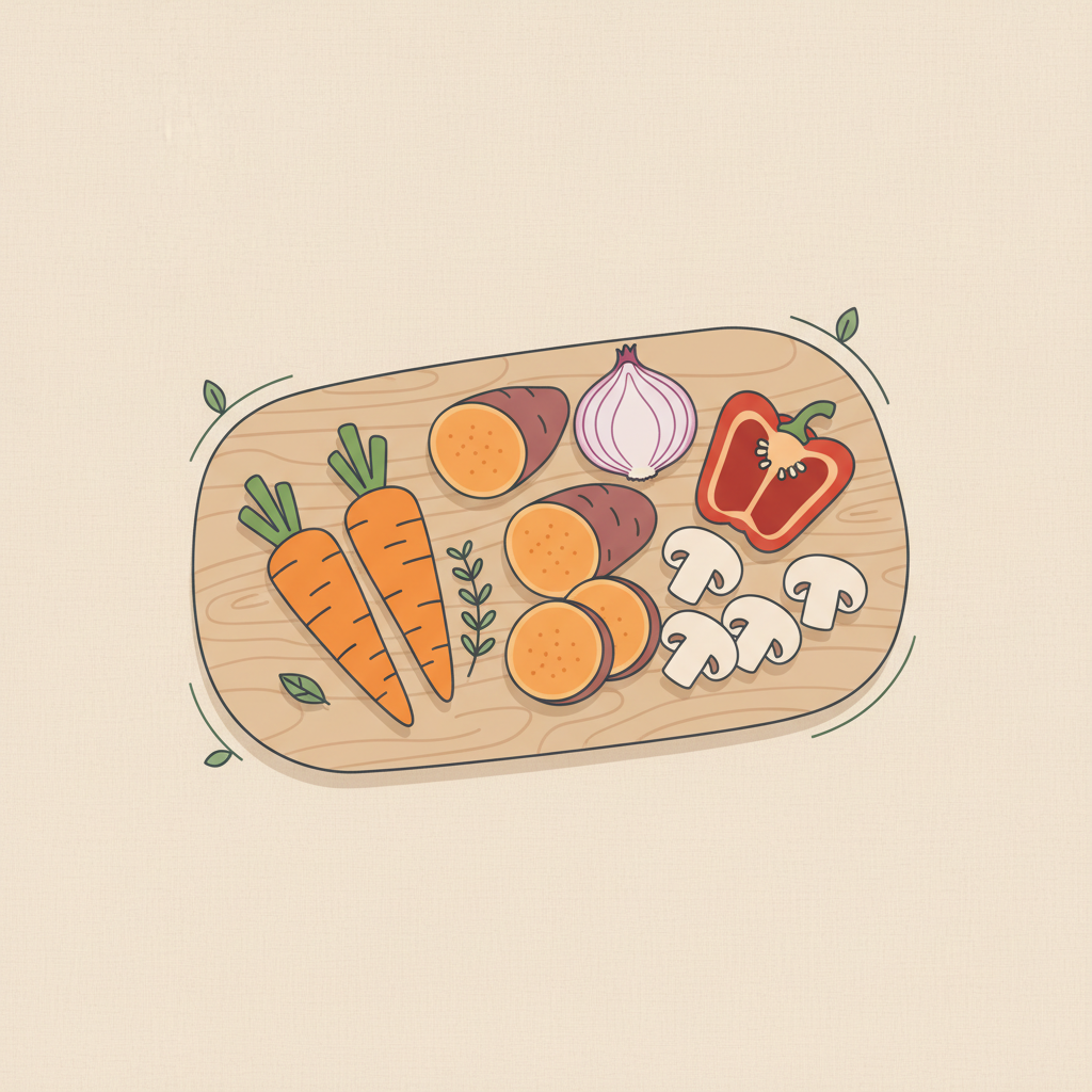 Minimalistisches 2D-Vektorbild eines Schneidebretts mit Karotten, Süßkartoffel, roter Paprika, roter Zwiebel und Champignons vor warmem Beige-Hintergrund — welches gemuese jede woche essen