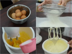Ngâm 6 quả trứng gà vào tô nước ấm trong vòng 5 phút với tỉ lệ 2 cốc nước lạnh pha với 3 cốc nước sôi. Kế đến, trộn đều 120g bột mì, 20g bột bắp với 1 muỗng cà phê bột nở, rây mịn để bột không bị vón cục. Lau khô 6 quả trứng, đập trứng vào tô ráo nước, cho 120g đường rồi đánh cho trứng nổi bông lên. Kiểm tra bằng cách nhấc dụng cụ đánh trứng lên cao, nếu trứng rớt thành dòng là đạt.