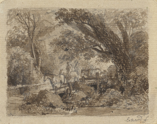 Waldpartie mit einer Brücke über die drei Pferde und ein Reiter gehen
