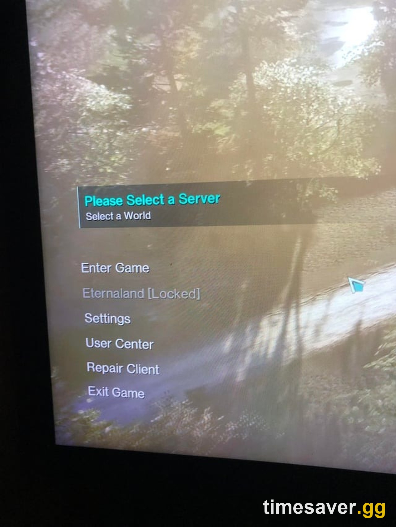 Once Human "Please Select a Server" login screen showing Enter Game, Eternaland, Settings and Exit Game options — where you choose which character and server you log into