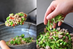 Cho măng tây vào xào, nếu thích ăn cay , bạn có thể cho thêm một ít ớt sừng băm, nêm thêm muối, tiêu, giấm nước màu dừa, nước mắm, đảo đều khoảng 5 phút nữa, rắc hành lá băm rồi tắt bếp.