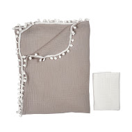 Плед Twins муслиновый 100х80 4-х слой с помпонами+салфетка светло серый