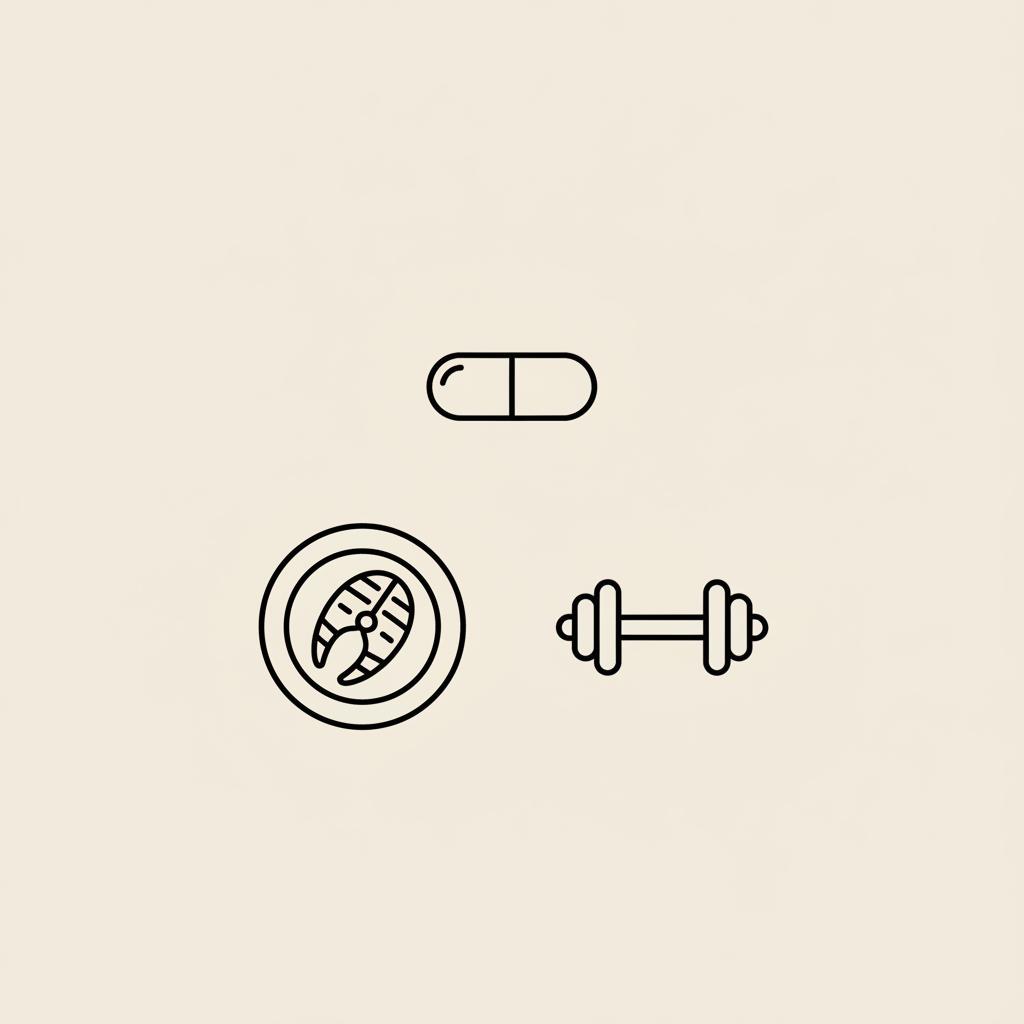 Minimal Tonum-style line illustration of a plate with protein, a capsule silhouette and small dumbbell arranged balanced, 6 week metabolic reset program
