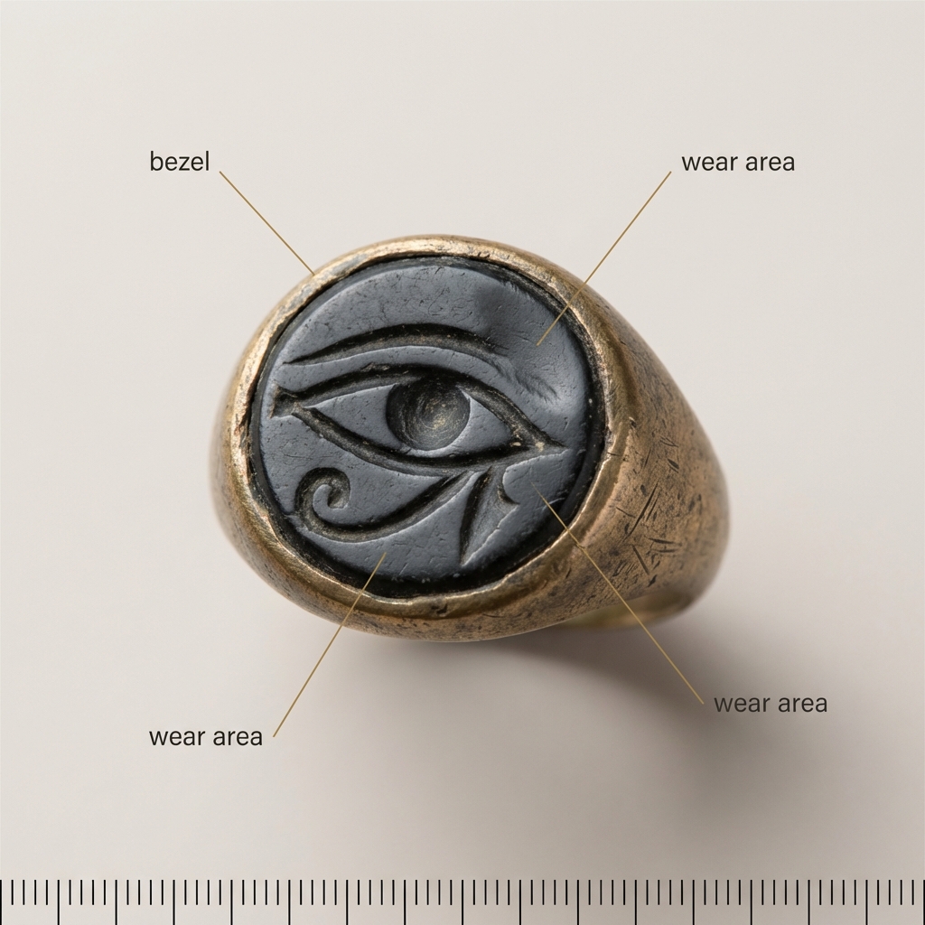 Close up macro of an engraved intaglio eye motif set in a ring bezel with millimetre scale and annotated callouts showing bezel and wear areas ancient greek rings