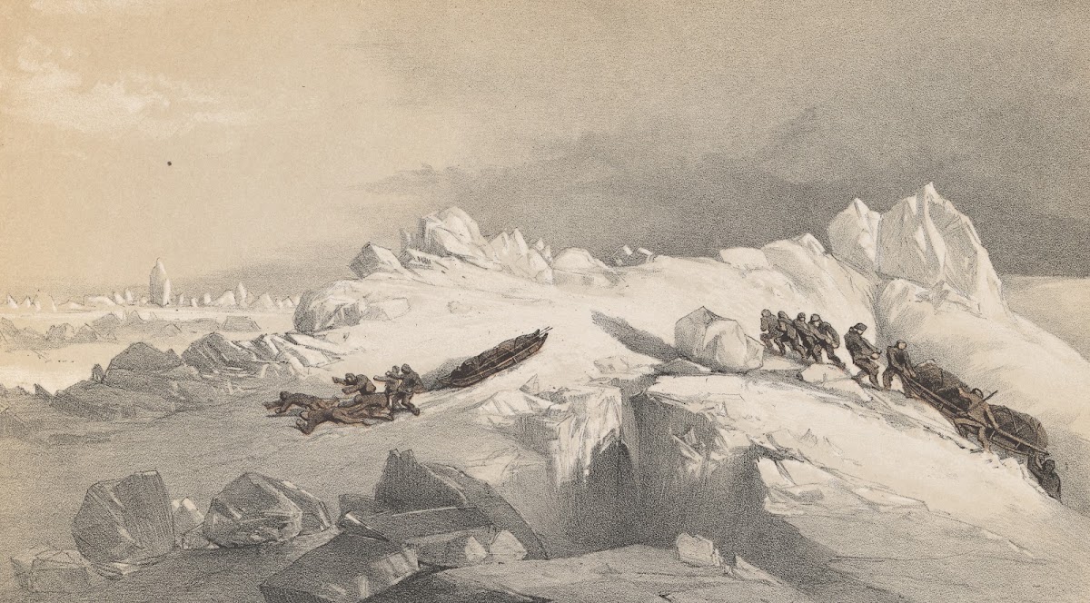 Division of Sledges finding and cutting a road through heavy hummocks in the Que