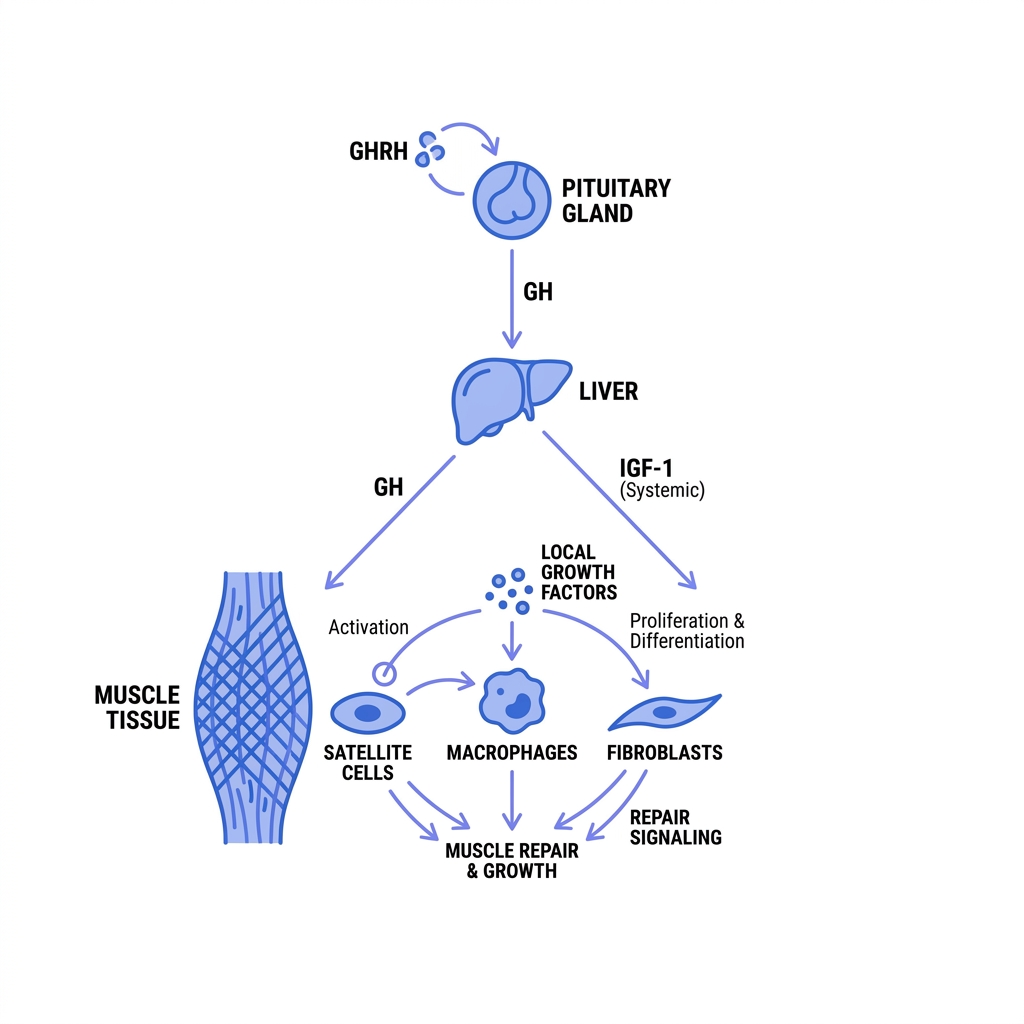 Minimalist full frame schematic of the GH IGF axis and local muscle repair pathways with labeled components on white background in Peptide World colors peptides for muscle growth