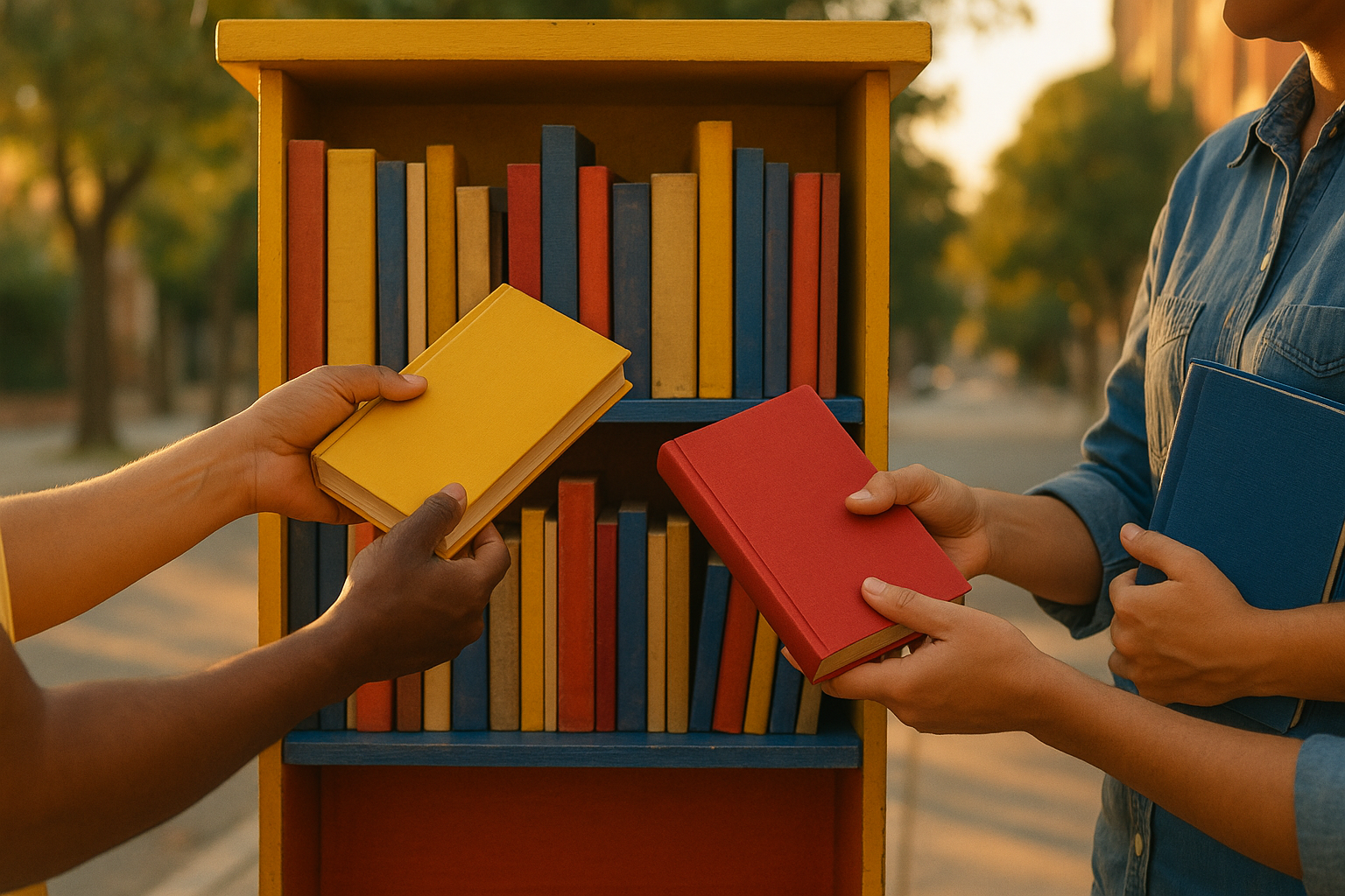 Manos diversas intercambiando libros en una pequeña biblioteca de calle con toques de identidad venezolana
