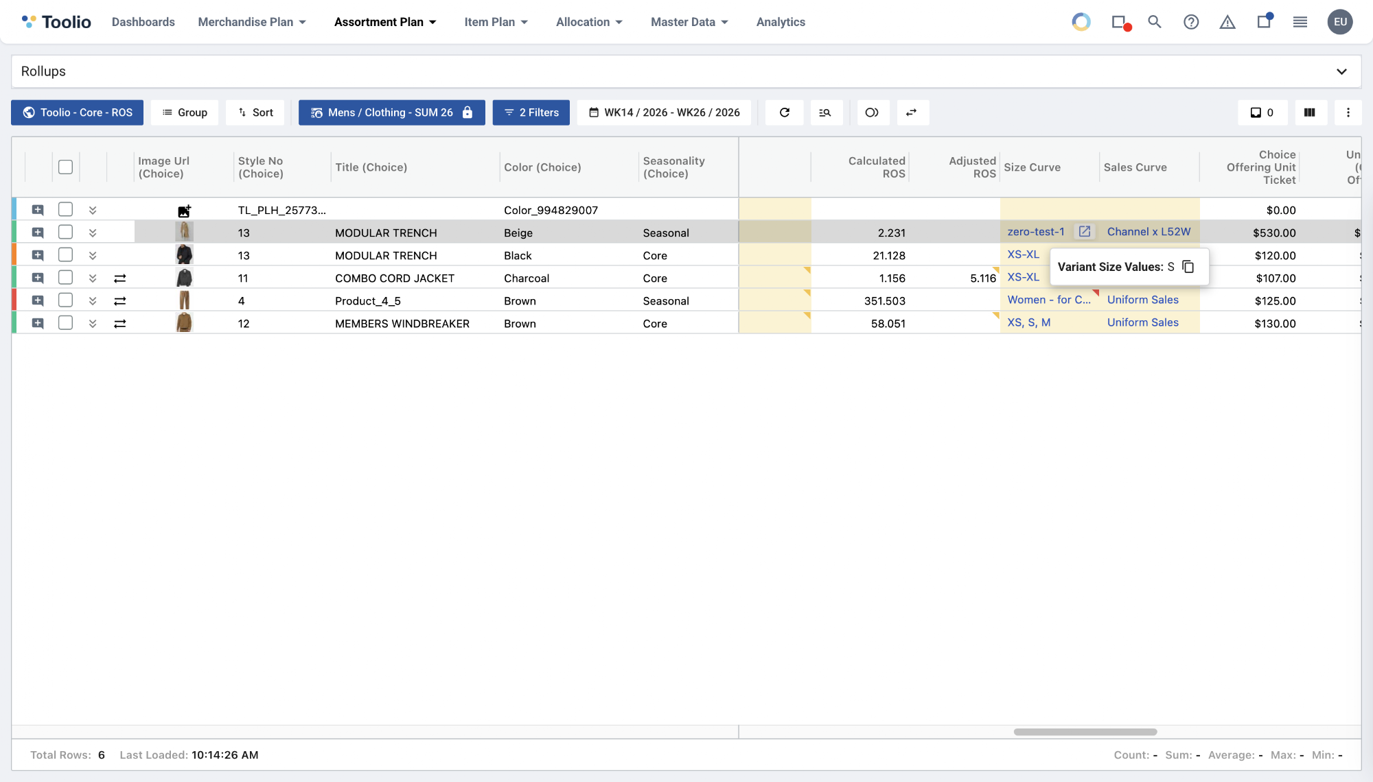 See a choice's actual sizes on hover in the New Assortment Plan grid