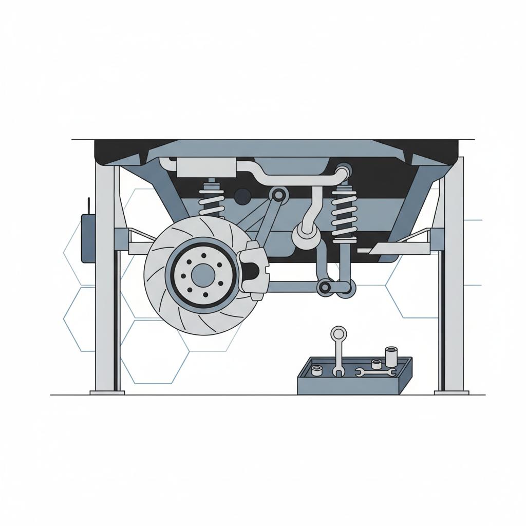 Close up vector of a clean vehicle underbody on a lift with generic tools in CarFax Deals palette white and blue Is Hyundai as reliable as Toyota?