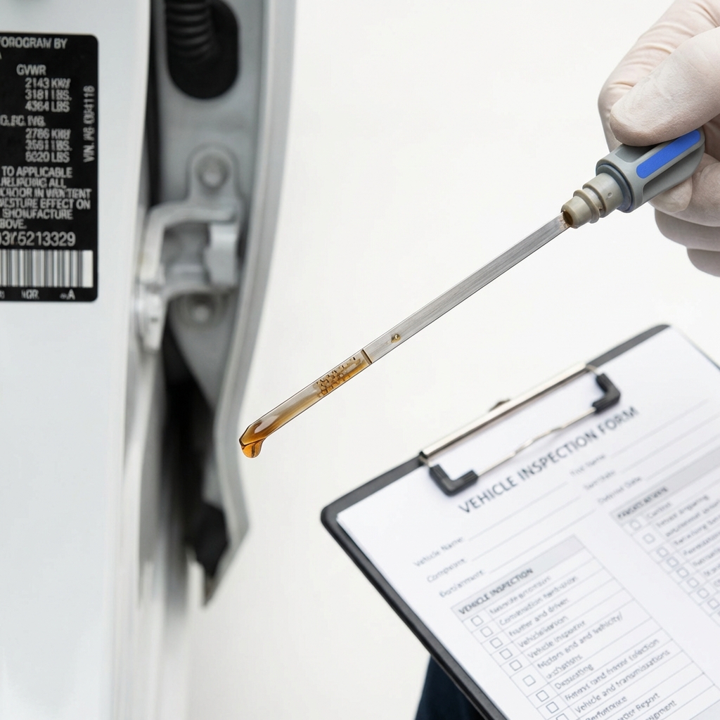 Close up of transmission dipstick with fluid on the stick clipboard and VIN sticker blurred in background used chevy colorado for sale