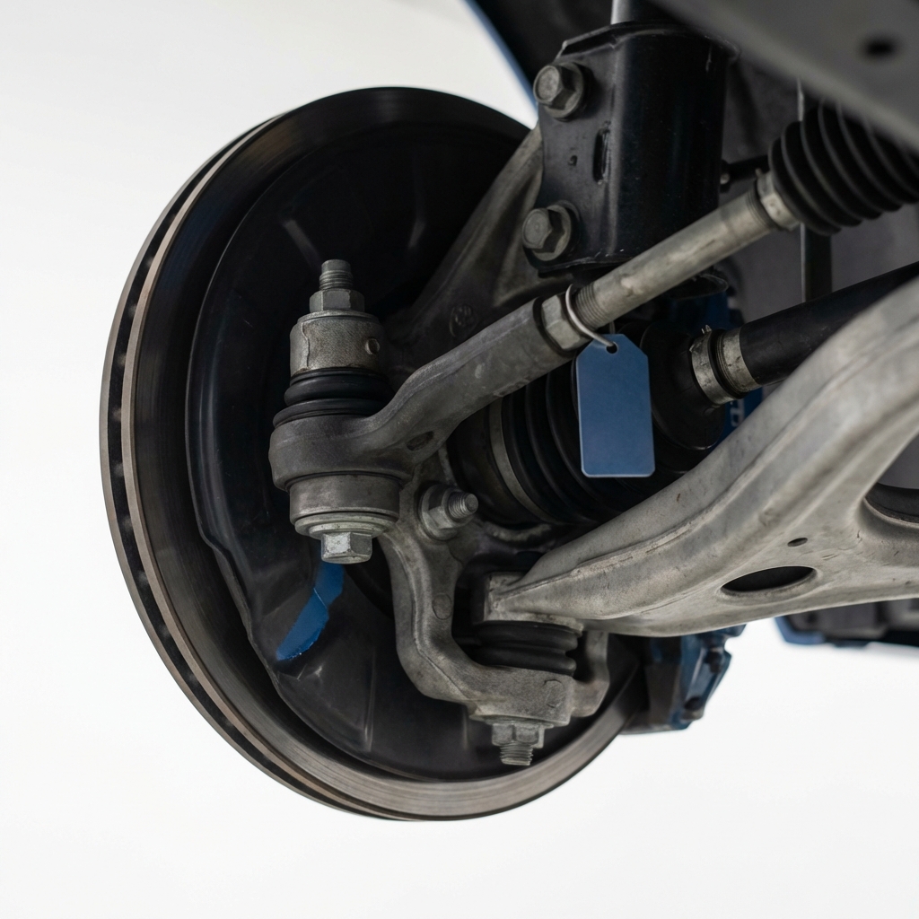 Close up underside view of a Camaro wheel and front control arm showing bushings and ball joint area realistic minimalist studio photo camaros for sale