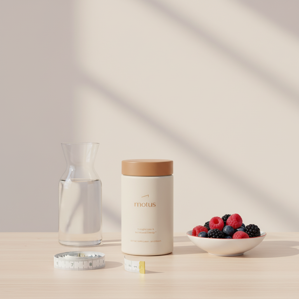 Minimal still-life of Motus supplement jar on light wood with carafe of water, bowl of berries and measuring tape, minimalist Tonum lifestyle scene for garcinia cambogia belly fat