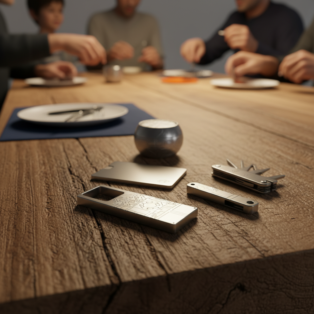 Nahaufnahme gravierter Edelstahl-Gadgets auf rohem Holz im warmen Abendambiente mit unscharfem Freundeskreis im Hintergrund – coole gadgets männer, minimal, industrielle Ästhetik