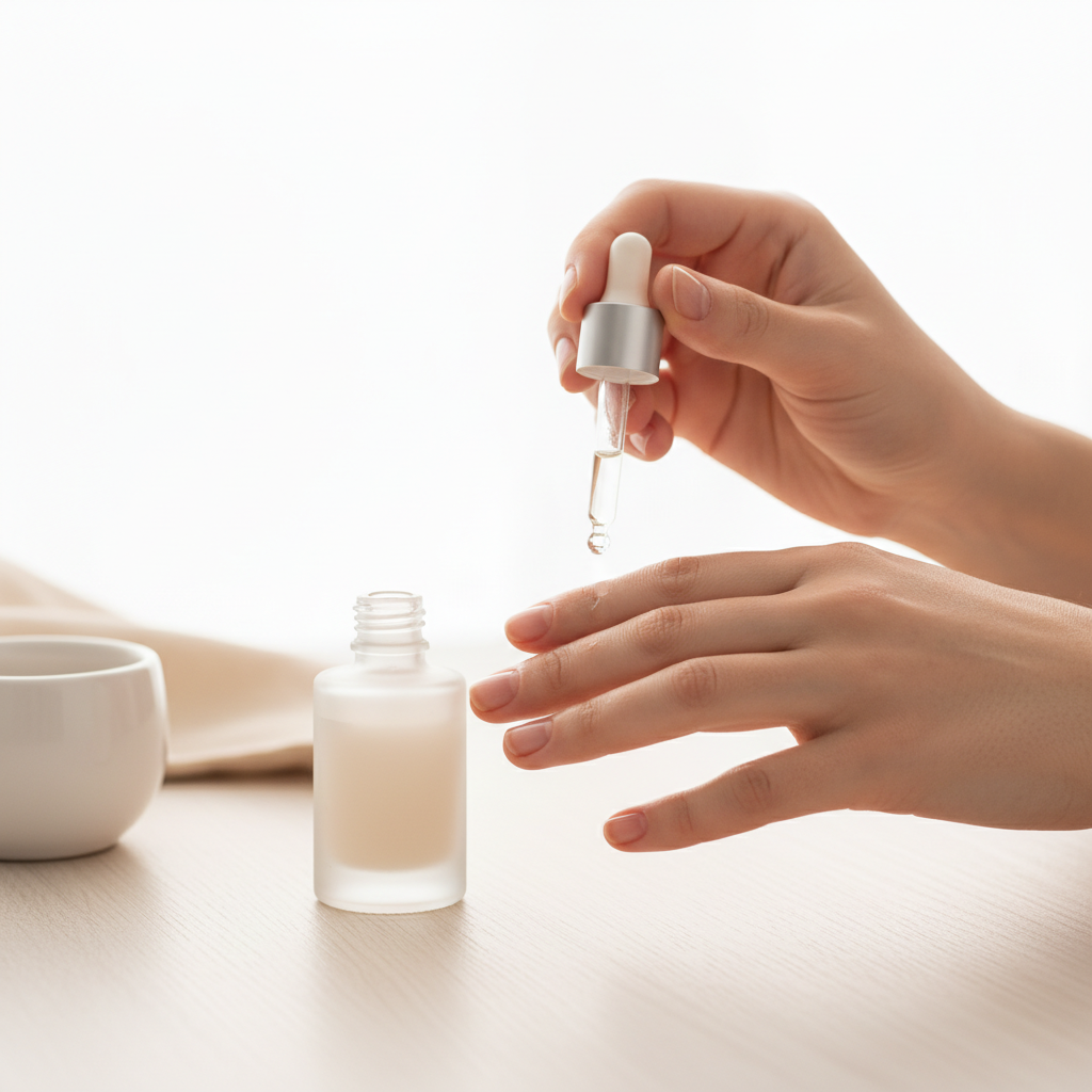 Nahaufnahme von Händen, die Nagelöl in die Nagelhaut einmassieren auf hellem Holztisch, minimalistische weiße/rosa/beige Szenerie – weiche Fingernägel stärken.