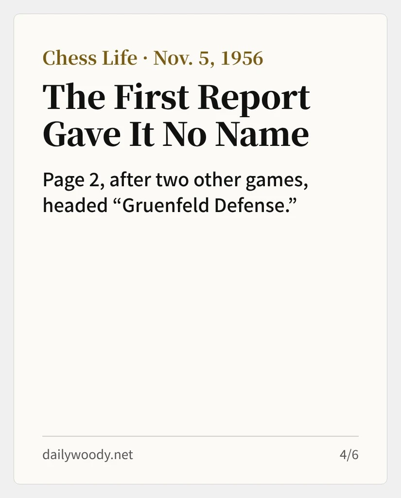 Chess Life, Nov. 5, 1956: the first report gave the game no name (card 4/6)