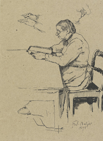 Sitzende ältere Schäfersfrau lesend 1898