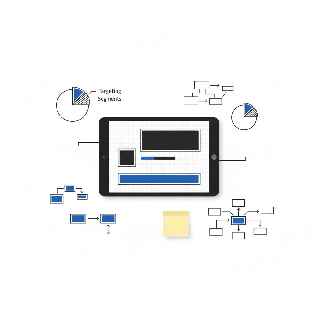 Overhead 2D vector of a minimalist desk with a tablet showing an abstract promoted-post mockup and pen sketches of targeting segments &mdash; Can I use Twitter to advertise my business?