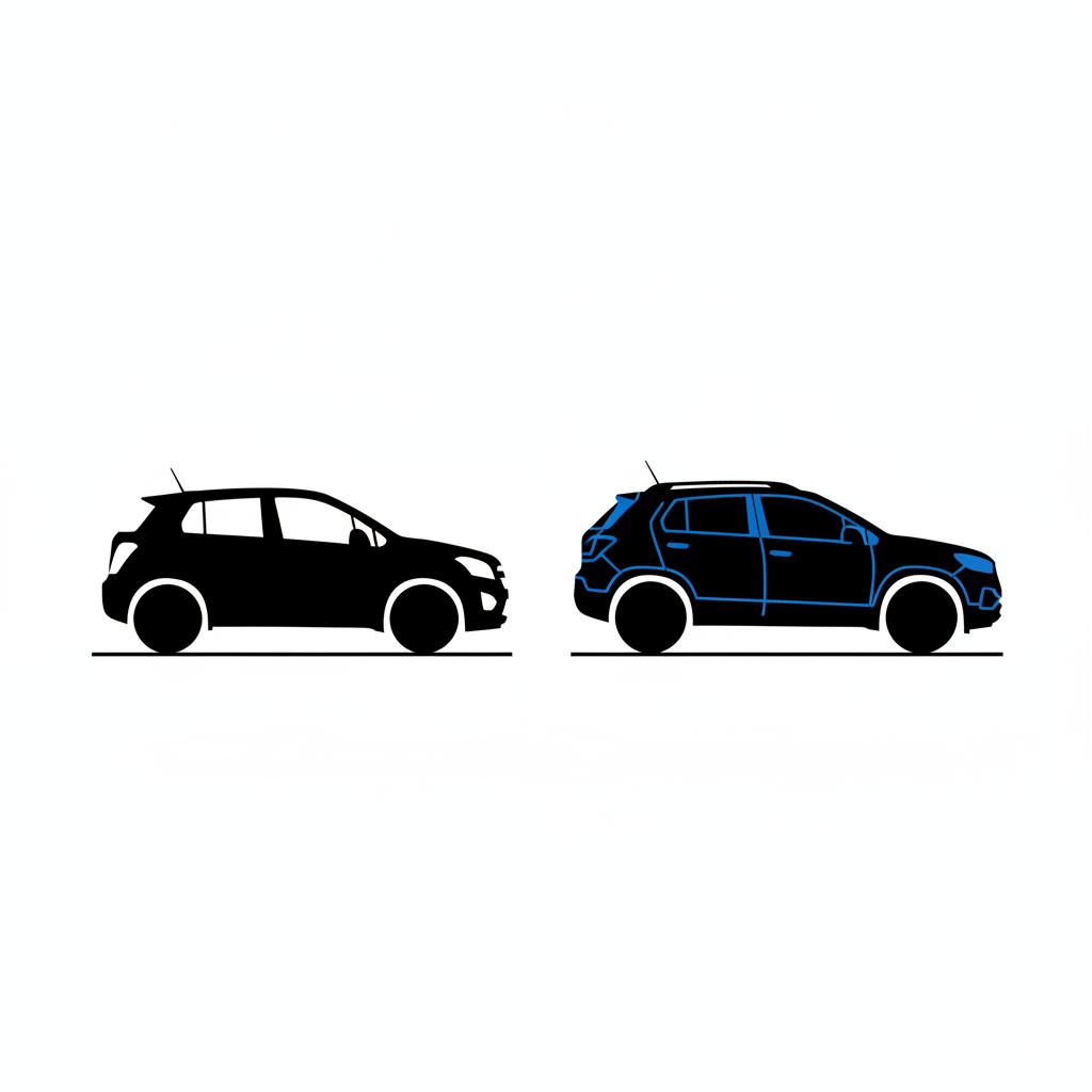 Side by side vector silhouettes comparing a chevrolet trax car and a slightly larger crossover on a white background with blue accent 3666ed and black outline for clear scale comparison