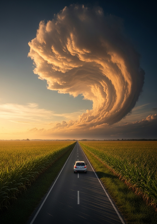 Car Driving Towards a Dramatic Sky Wave