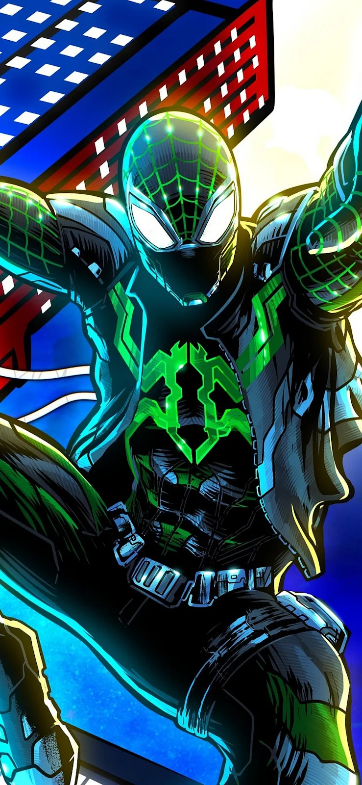Neon Green Suit Spider-Man Comic - Comic Book Illustration Full HD iPhone Wallpaper (1090x2360)