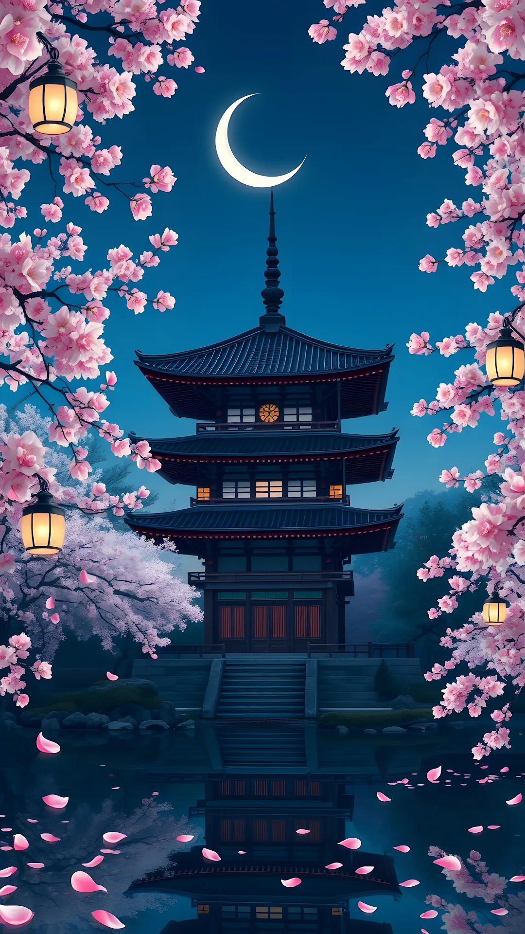Japanese Pagoda Framed by Pink Cherry Blossoms at Night - Free 4K mobile Wallpaper