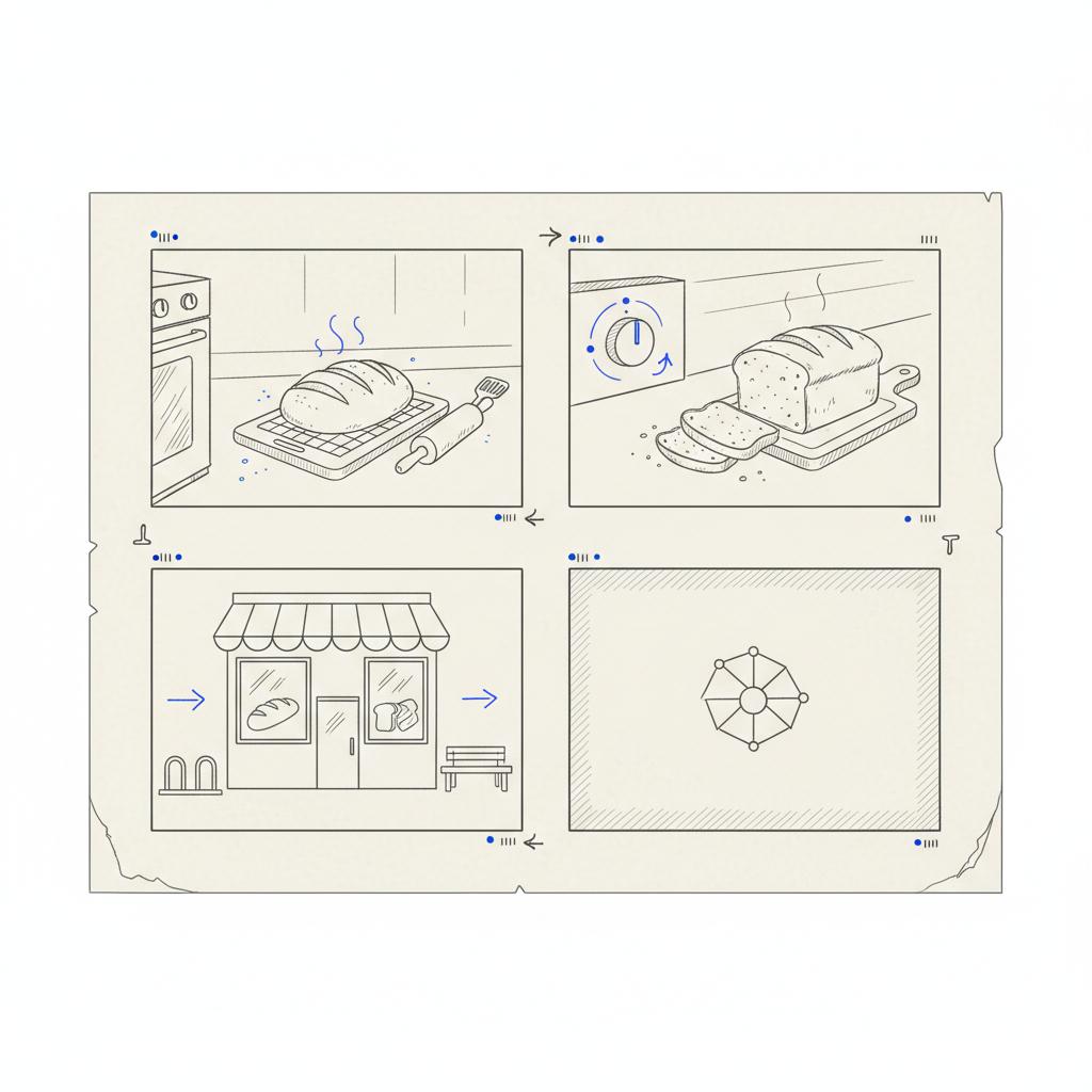Minimalist 2D vector storyboard of a 30s TV ad: kitchen close-up with tools and bread, oven dial close-up, community storefront with window display, and a blank final frame &mdash; advantages of television advertising