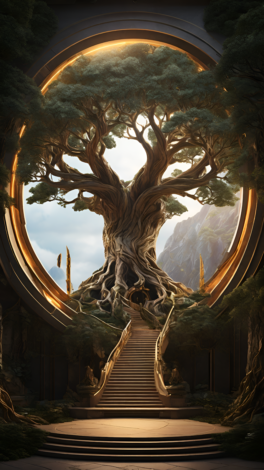 Mythical Ancient Tree of Life Golden Portal - Free 4K mobile Wallpaper