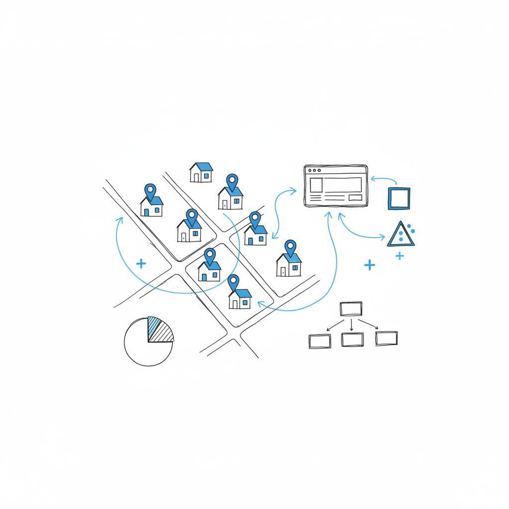 Notebook-style sketch showing a neighborhood map with pins linked by arrows to a small website sketch and stylized social shapes, illustrating local vs digital channels &mdash; cheapest place to run ads