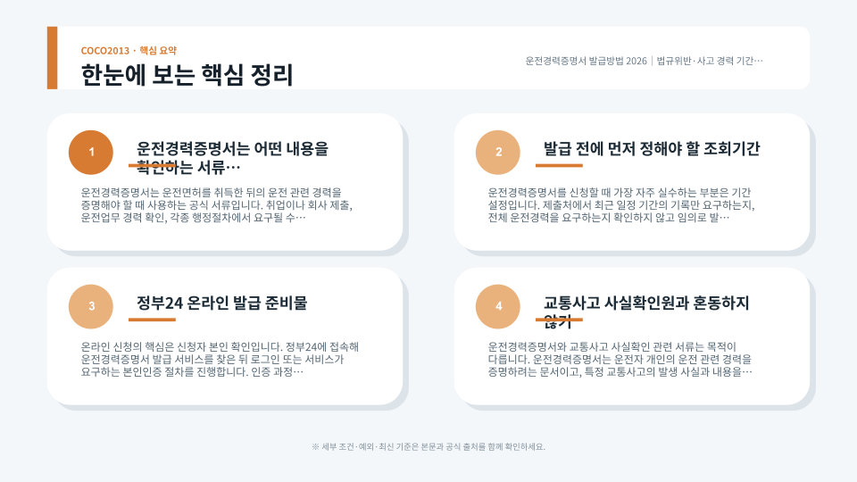 운전경력증명서의 운전면허 경력과 법규위반·교통사고 기간을 확인하는 장면