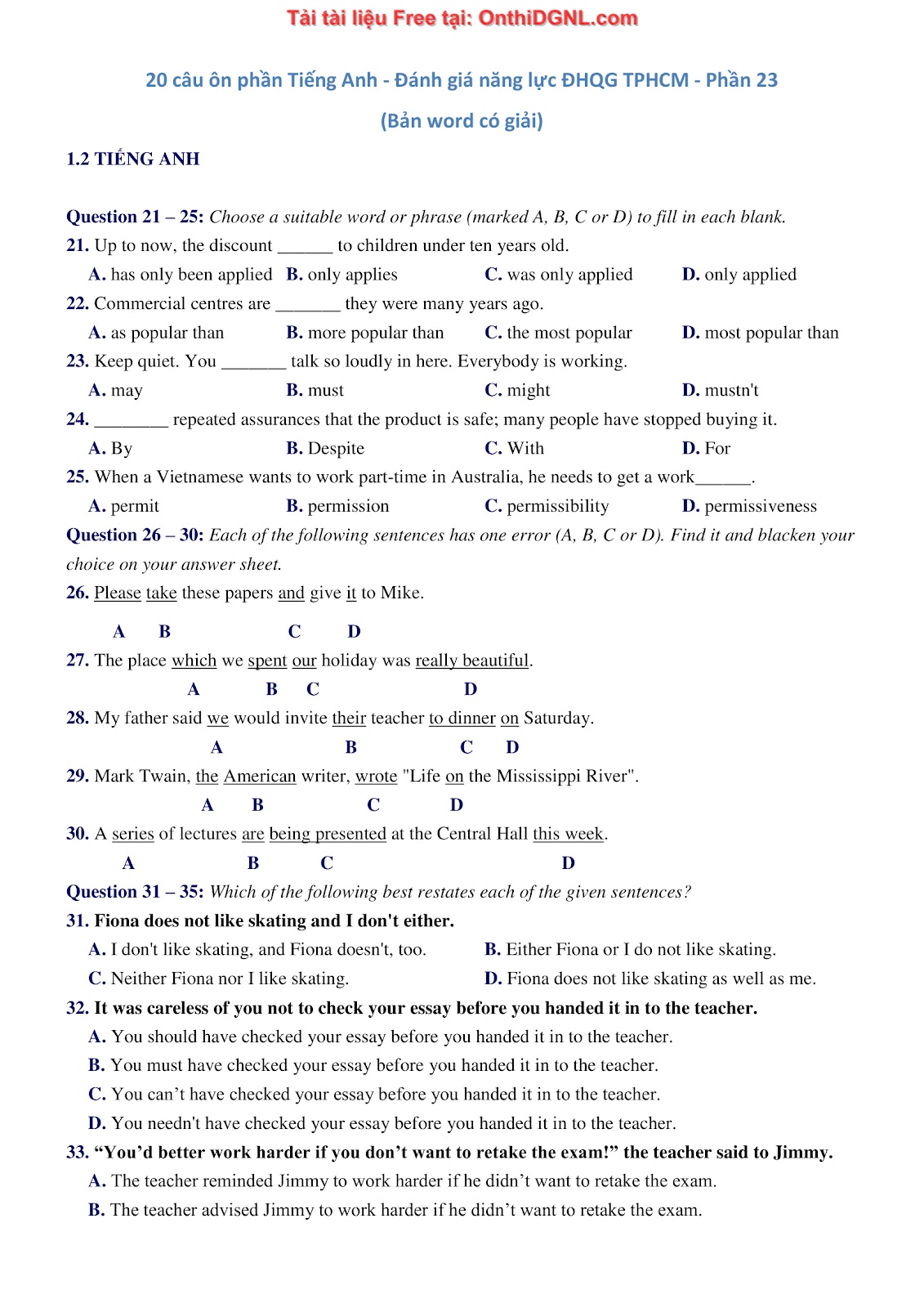 800 bài tập môn Tiếng Anh - Ôn thi ĐGNL ĐHQG TP HCM Phần 23