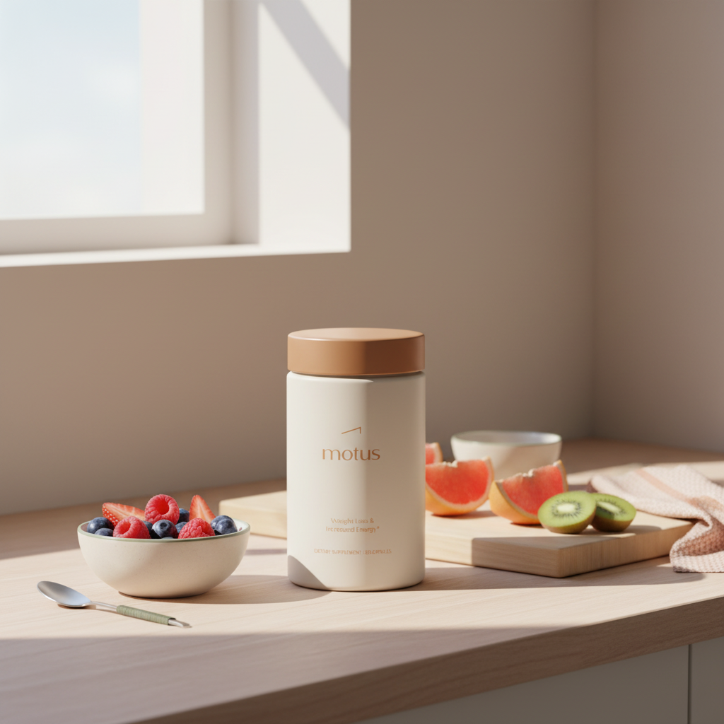 Motus supplement bottle on a minimalist kitchen counter with berries and sliced fruit, illustrating what is holistic health and wellness