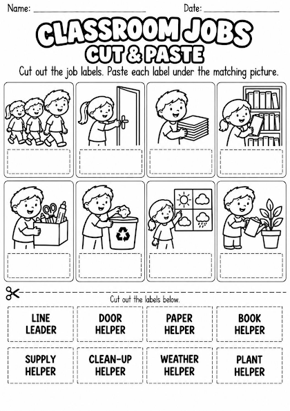 Classroom Jobs Cut and Paste Match Worksheet