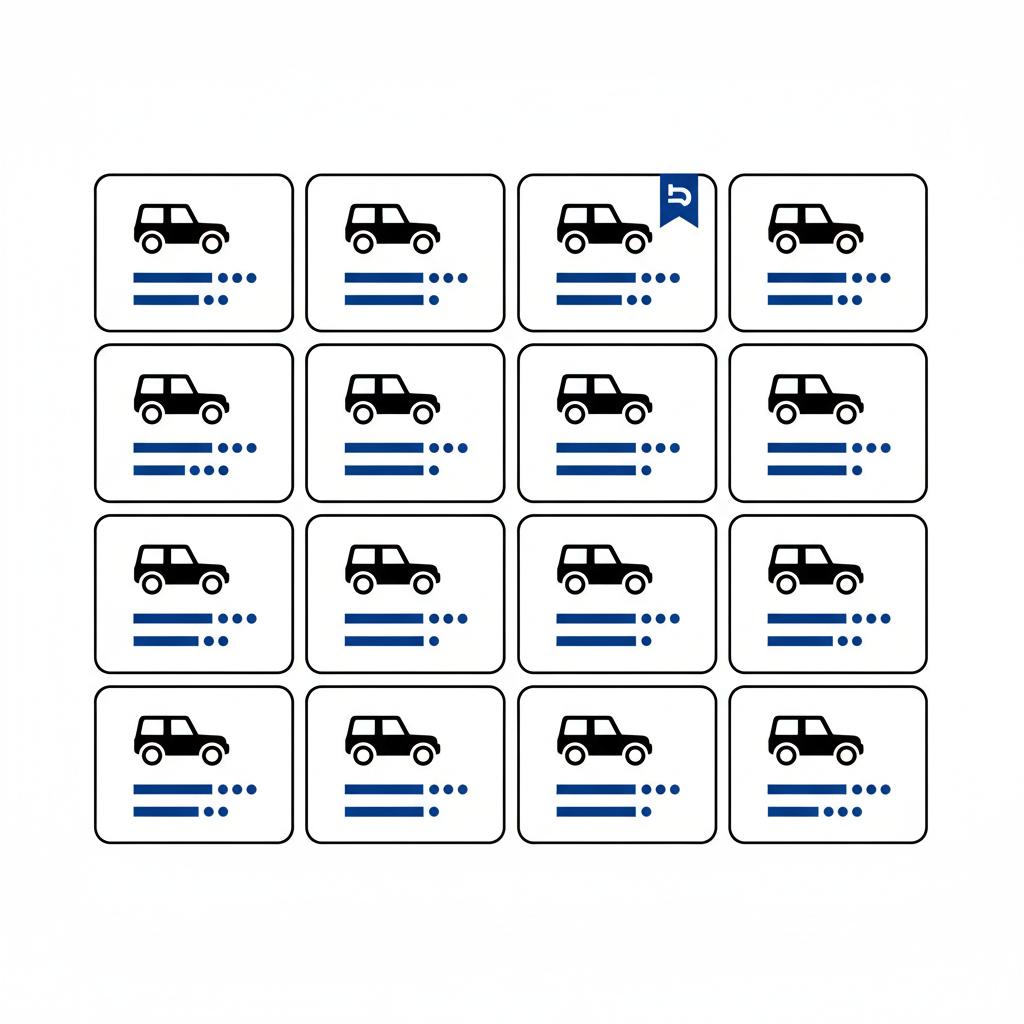 Minimalist 2D vector screenshot of saved local search results with multiple jeep listings and one outgoing model year highlighted in brand blue for jeep car dealer near me